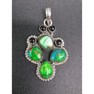 Green Copper Turquoise & Onyx Pendant, Western, Southwestern, Sterling Silver